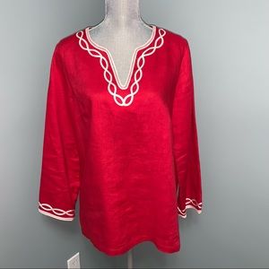 TALBOTS LINEN red boho TUNIC TOP  V-neck long sleeve size medium bohemian summer